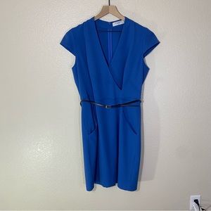 M.M. LAFLEUR The Felisa Dress Belted Blue Cap Sleeve V Neck Business Casual 14
